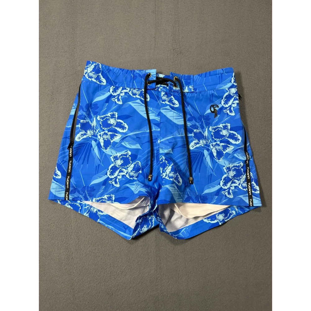 Tucann Mens Blue Tropical Floral Swim Trunks Size Medium Mesh Lined Drawstring